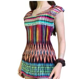 Nikibiki Multi Color Ikat Geometric Pleated V-Neck Cap Sleeve Top LargeY2K Style